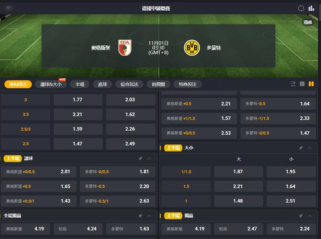 1101 Augsburg v Borussia Dortmund 賠率