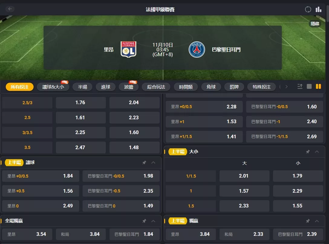 1110 Olympique Lyonnais v PSG 賠率