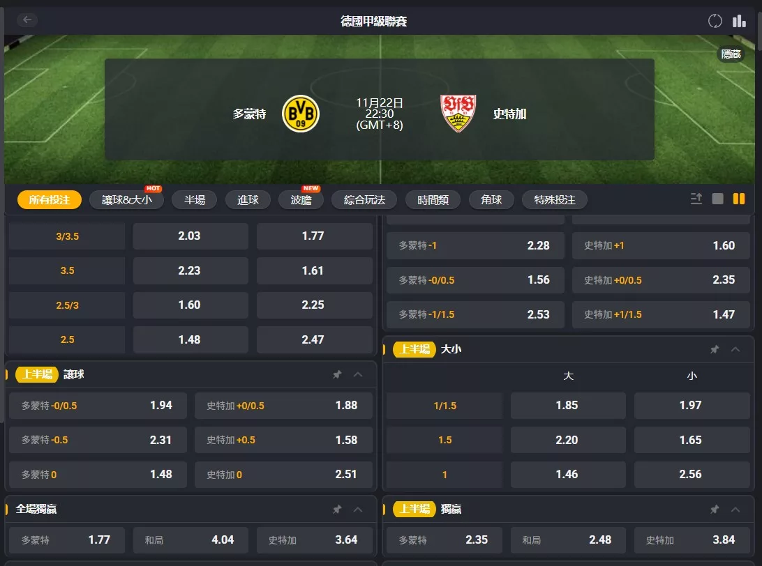 1122 Borussia Dortmund v Stuttgart 賠率