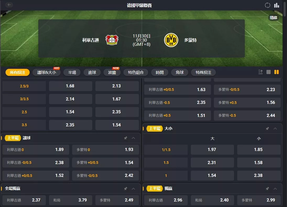 2025年11月 30日 德甲 勒沃庫森 vs 多特蒙德 賠率