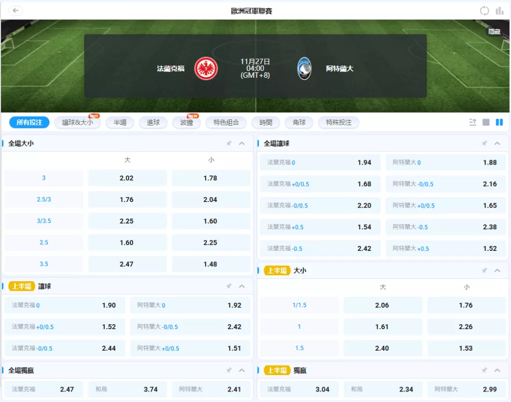 20251127歐冠賠率 法蘭克福 vs 亞特蘭大