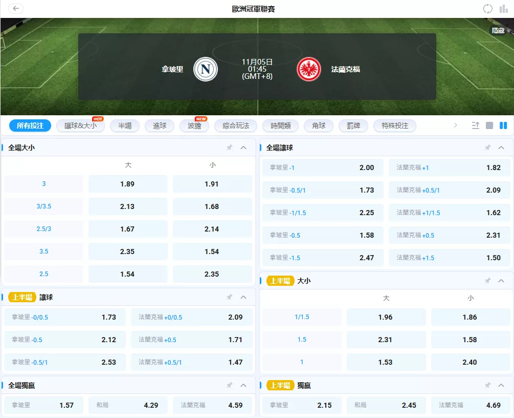 拿坡里 vs 法蘭克福 2025歐冠賠率