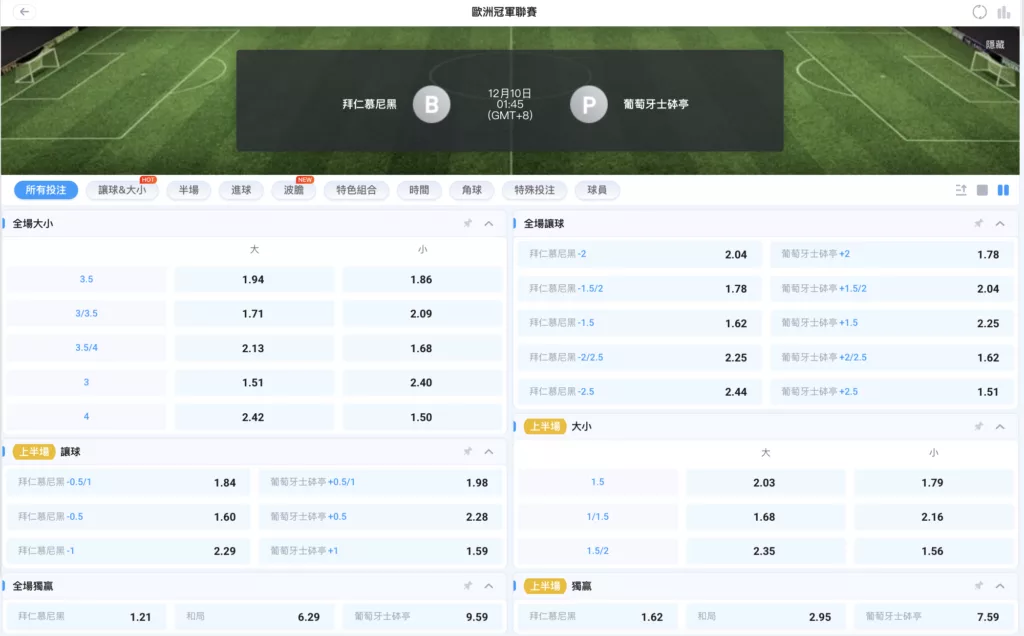 2025-12-10 歐冠賠率 拜仁 vs 里斯本競技