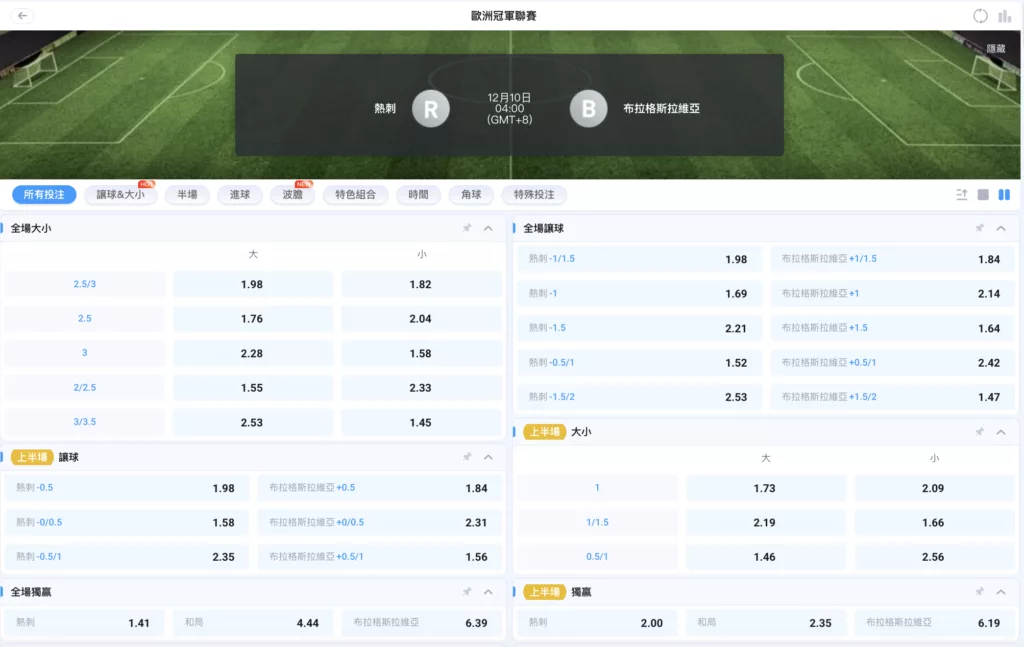 2025-12-10 歐冠賠率 熱刺 vs 布拉格斯拉維亞
