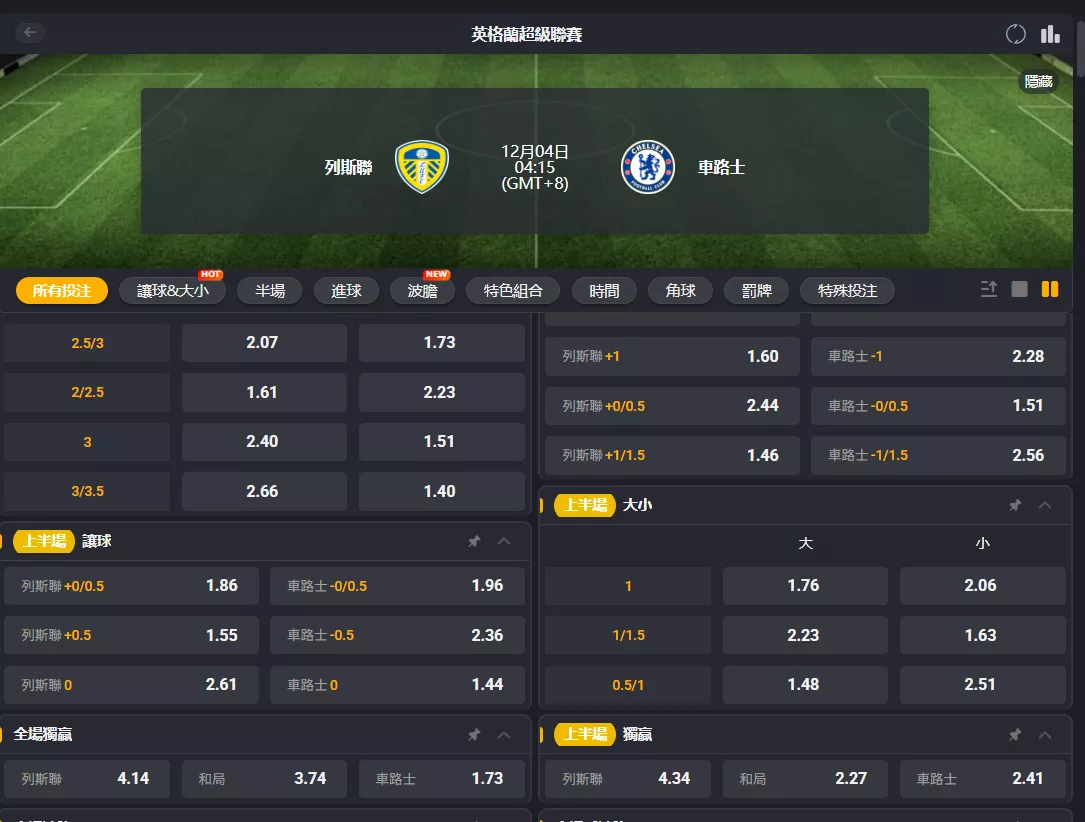 2025年12月 04日 英超 里茲聯 vs 切爾西 賠率