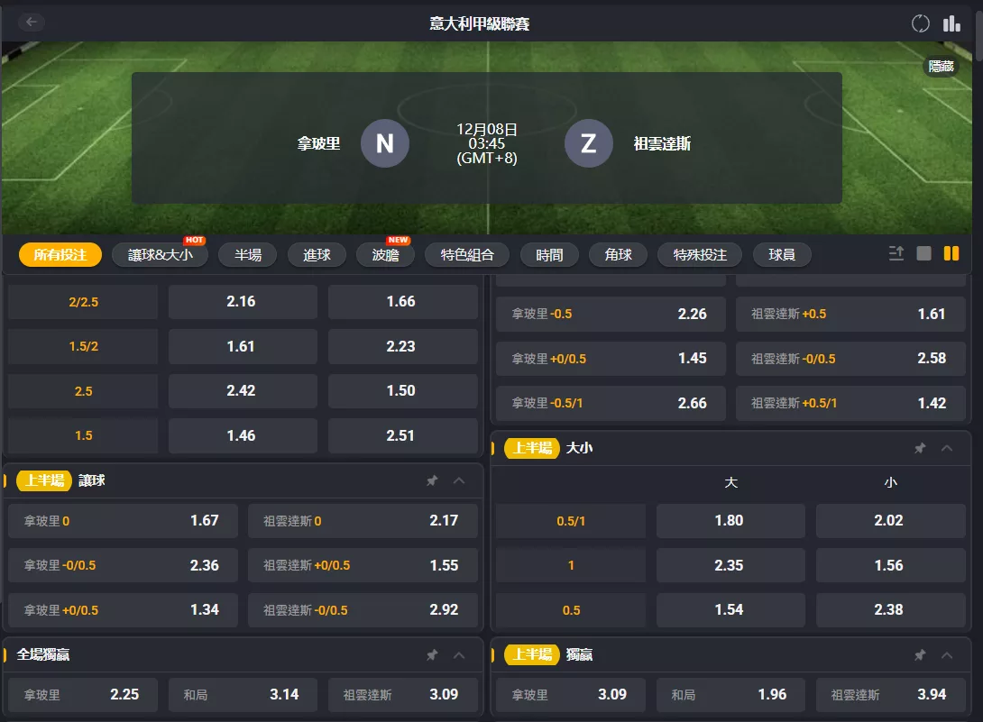 2025年12月 08日 義甲 拿坡里 vs 尤文圖斯 賠率