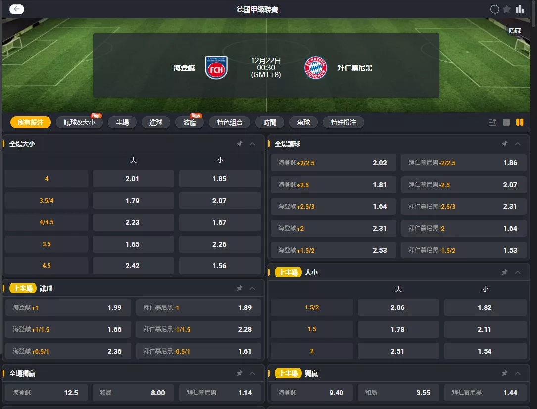 2025年12月 20日 德甲 海登海姆 vs 拜仁慕尼黑 賠率