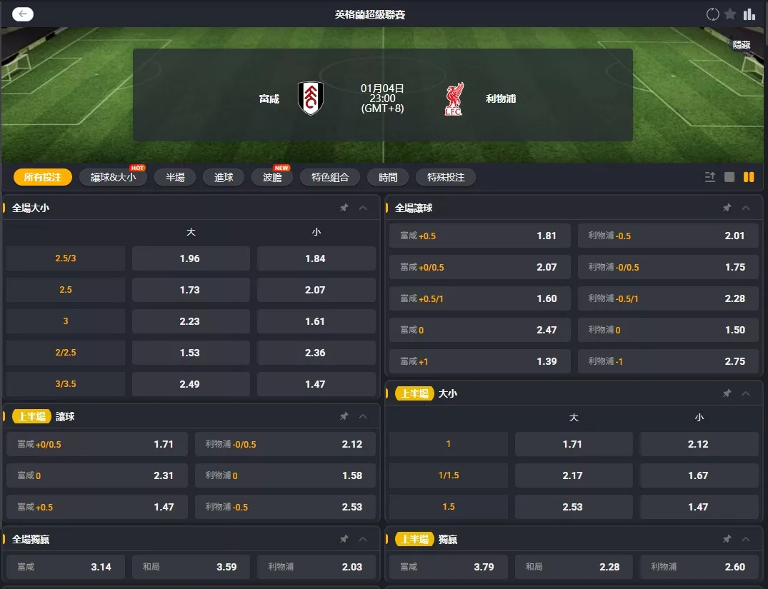 2026年01月 04日 英超 富勒姆 vs 利物浦 賠率