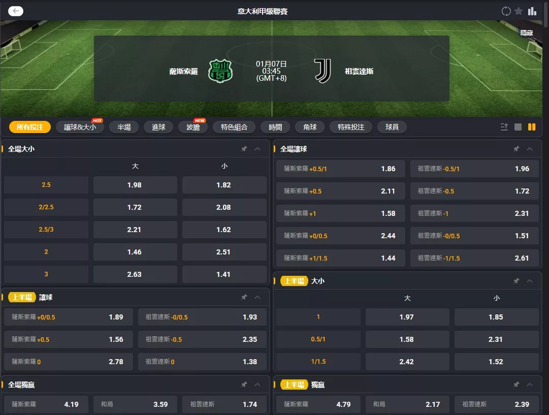 2026年01月 07日 義甲 薩索羅 vs 尤文圖斯 賠率
