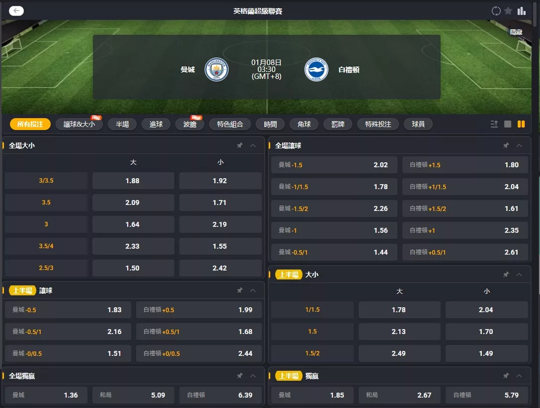 2026年01月 08日 英超 曼城 vs 布萊頓 賠率