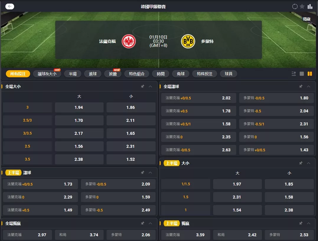 2026年01月 10日 德甲 法蘭克福 vs 多特蒙德 賠率