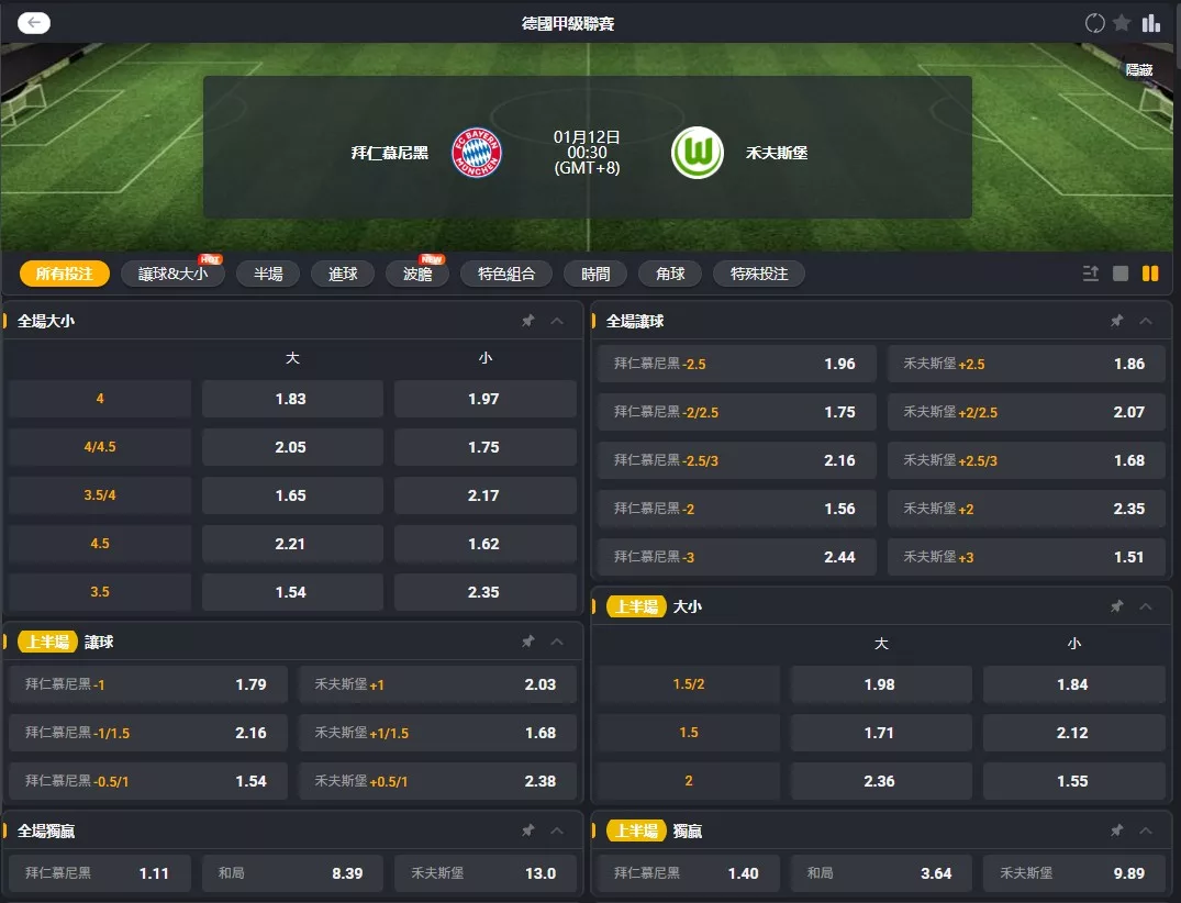 2026年01月 12日 德甲 拜仁慕尼黑 vs 狼堡 賠率