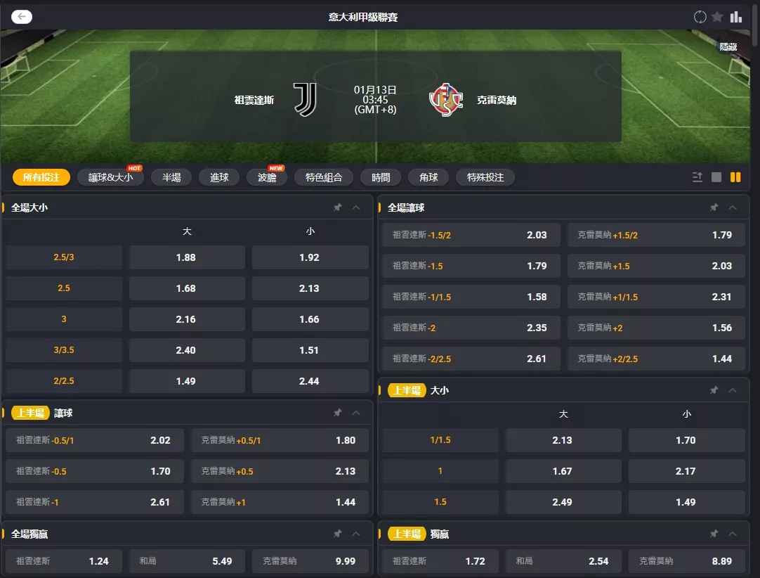 2026年01月 13日 義甲 尤文圖斯 vs 克雷莫納 賠率