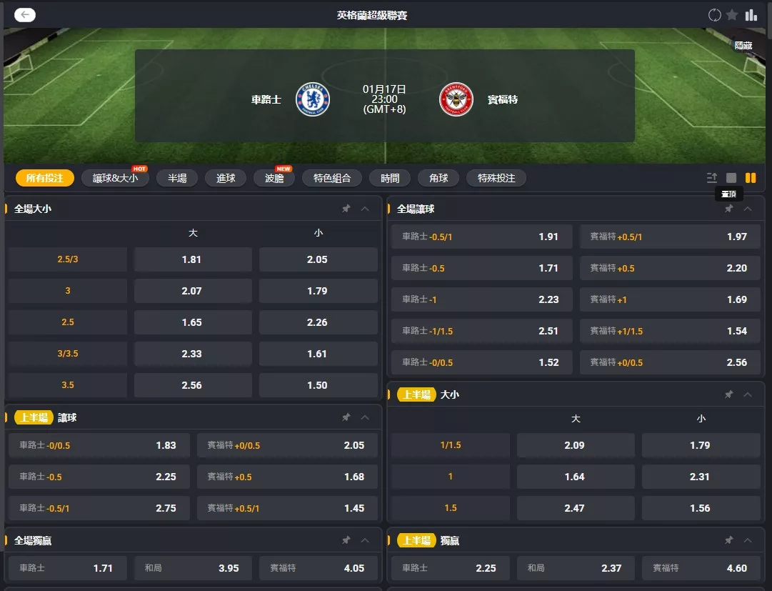 2026年01月 17日 英超 切爾西] vs 布蘭特福德 賠率