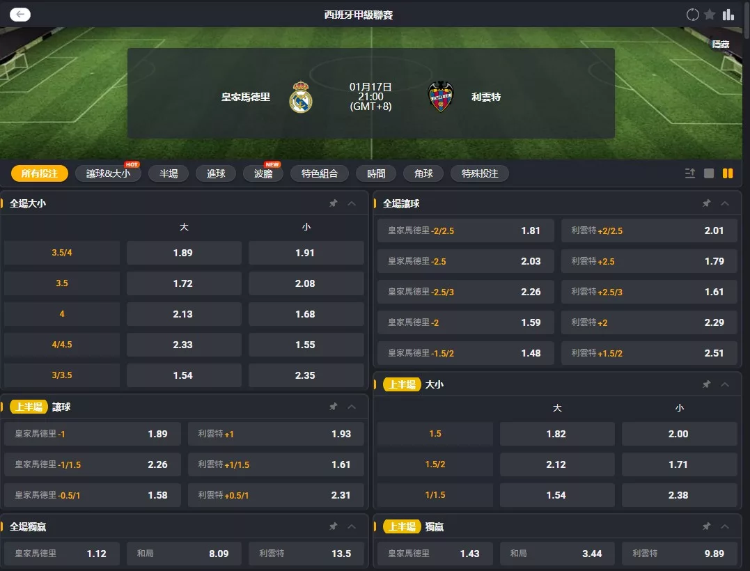 2026年01月 17日 西甲 皇家馬德里 vs 萊萬特 賠率
