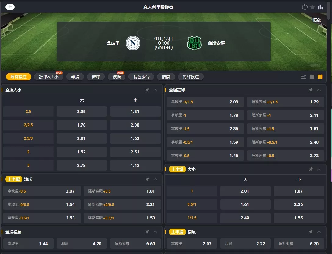 2026年01月 18日 義甲 拿坡里 vs 薩索羅 賠率