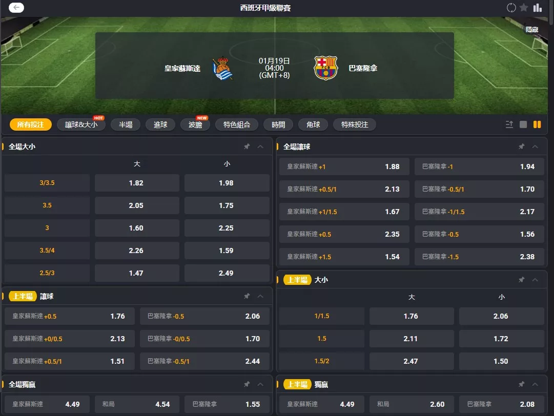 2026年01月 19日 西甲 皇家社會 vs 巴塞隆納 賠率