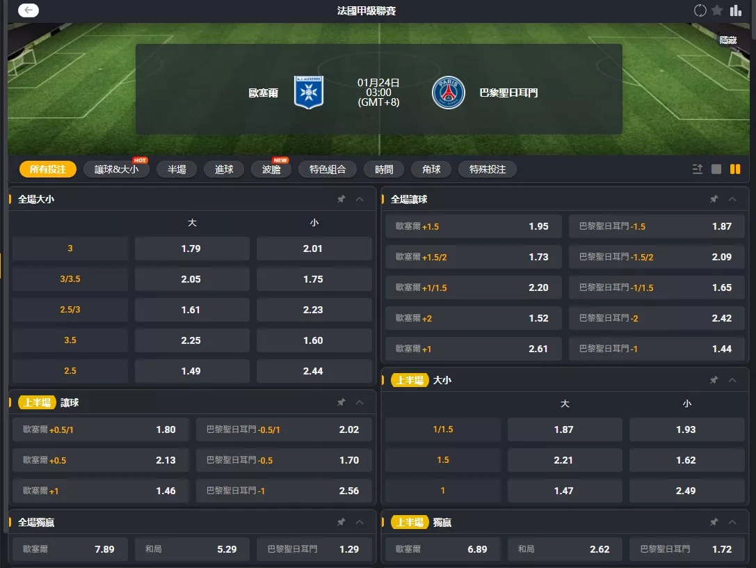 2026年01月 24日 法甲 歐塞爾 vs PSG 賠率