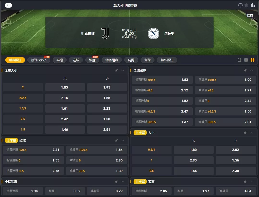 2026年01月 26日 義甲 尤文圖斯 vs 拿坡里 賠率