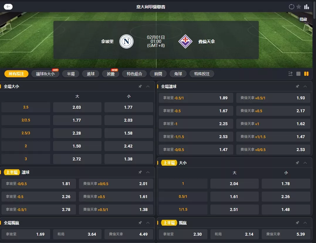 2026年02月 01日 義甲 拿坡里 vs 費倫提那 賠率