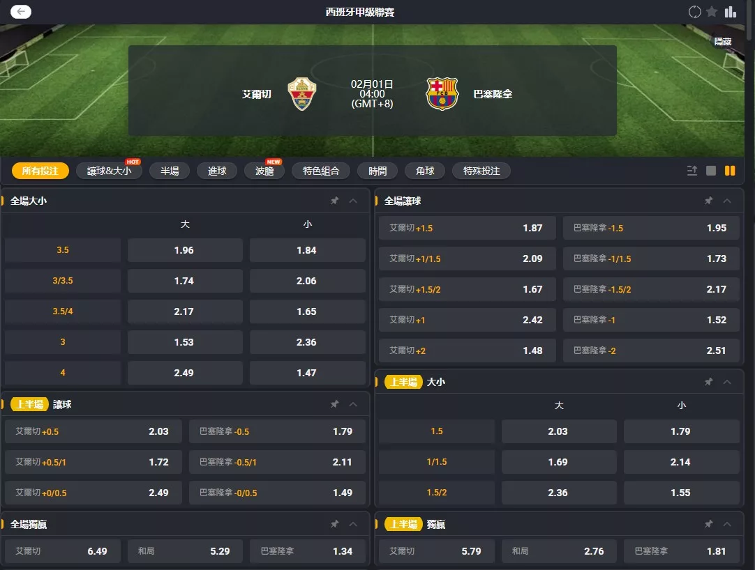 2026年02月 01日 西甲 埃爾切 vs 巴塞隆納 賠率
