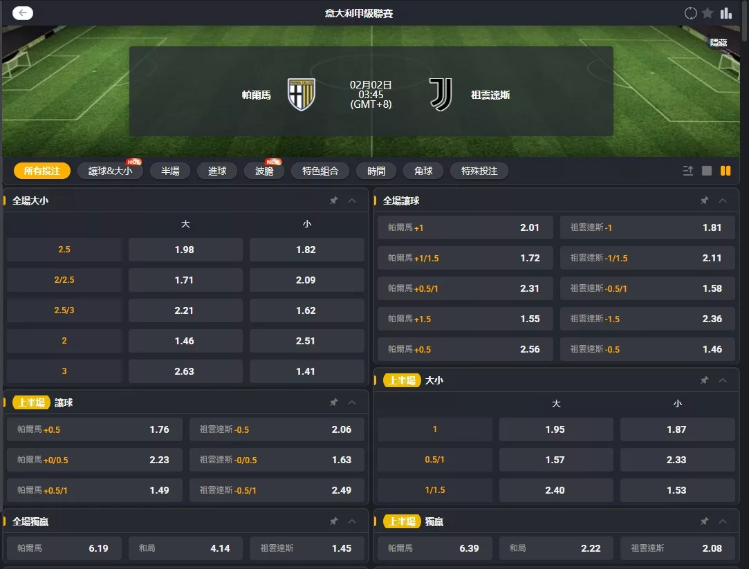2026年02月 02日 義甲 帕爾馬 vs 尤文圖斯 賠率