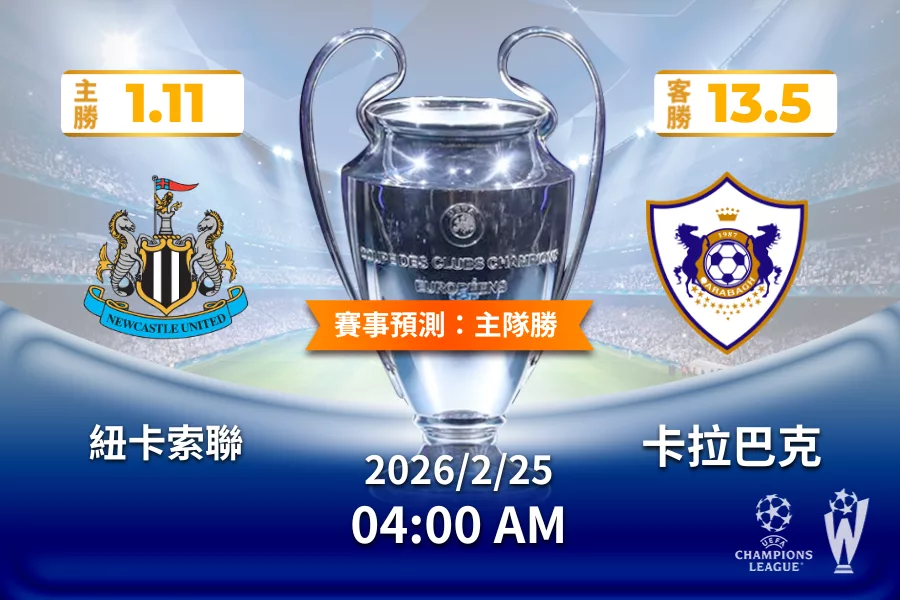 歐冠 運彩分析與預測》紐卡索聯 vs 卡拉巴克 2026年2月25日 04:00