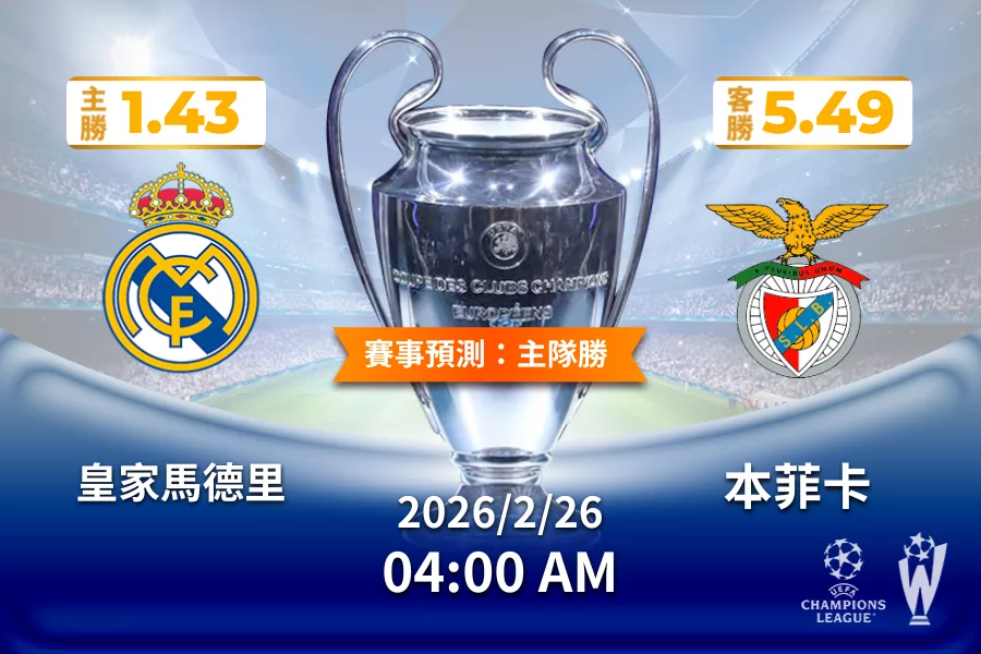 歐冠 運彩分析與預測》皇家馬德里 vs 本菲卡 2026年2月26日 04:00
