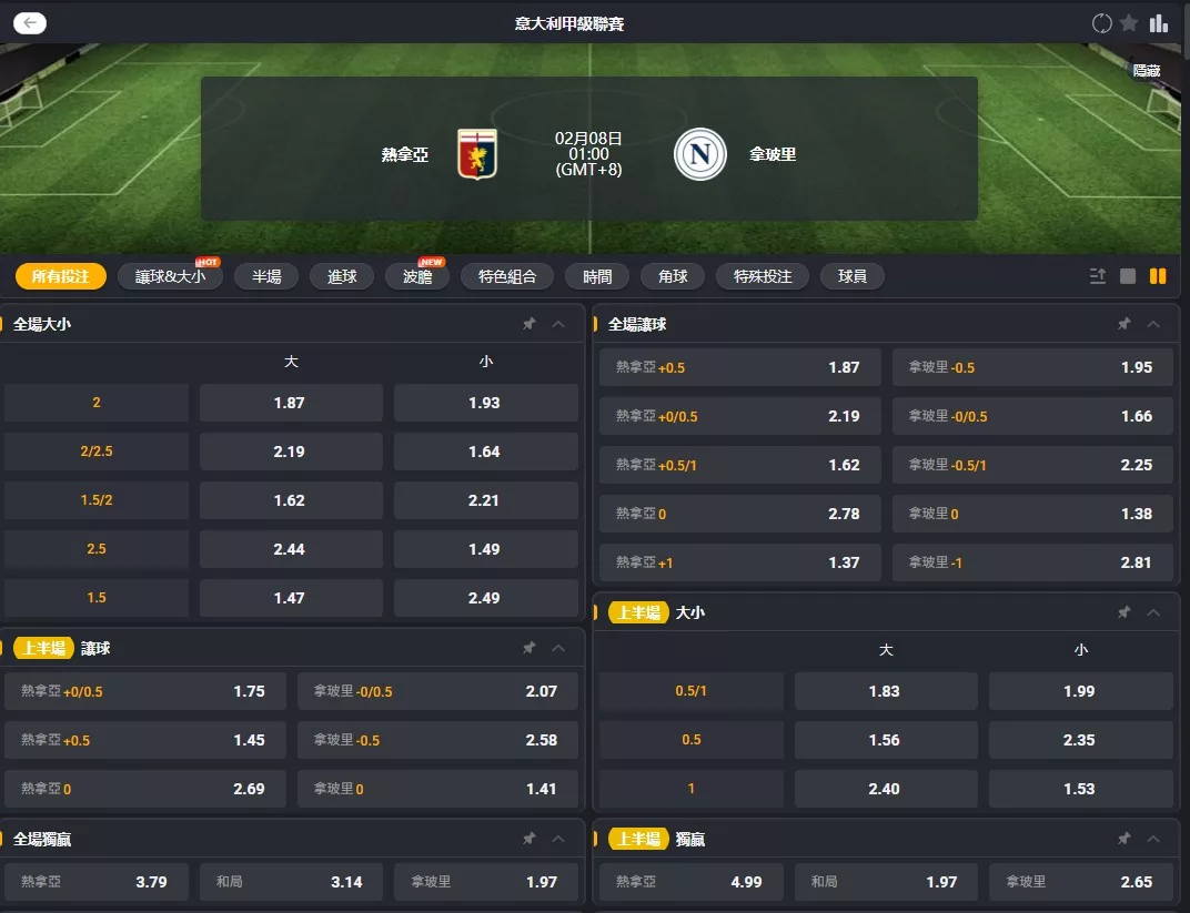 2026年02月 08日 義甲 熱那亞 vs 拿坡里 賠率