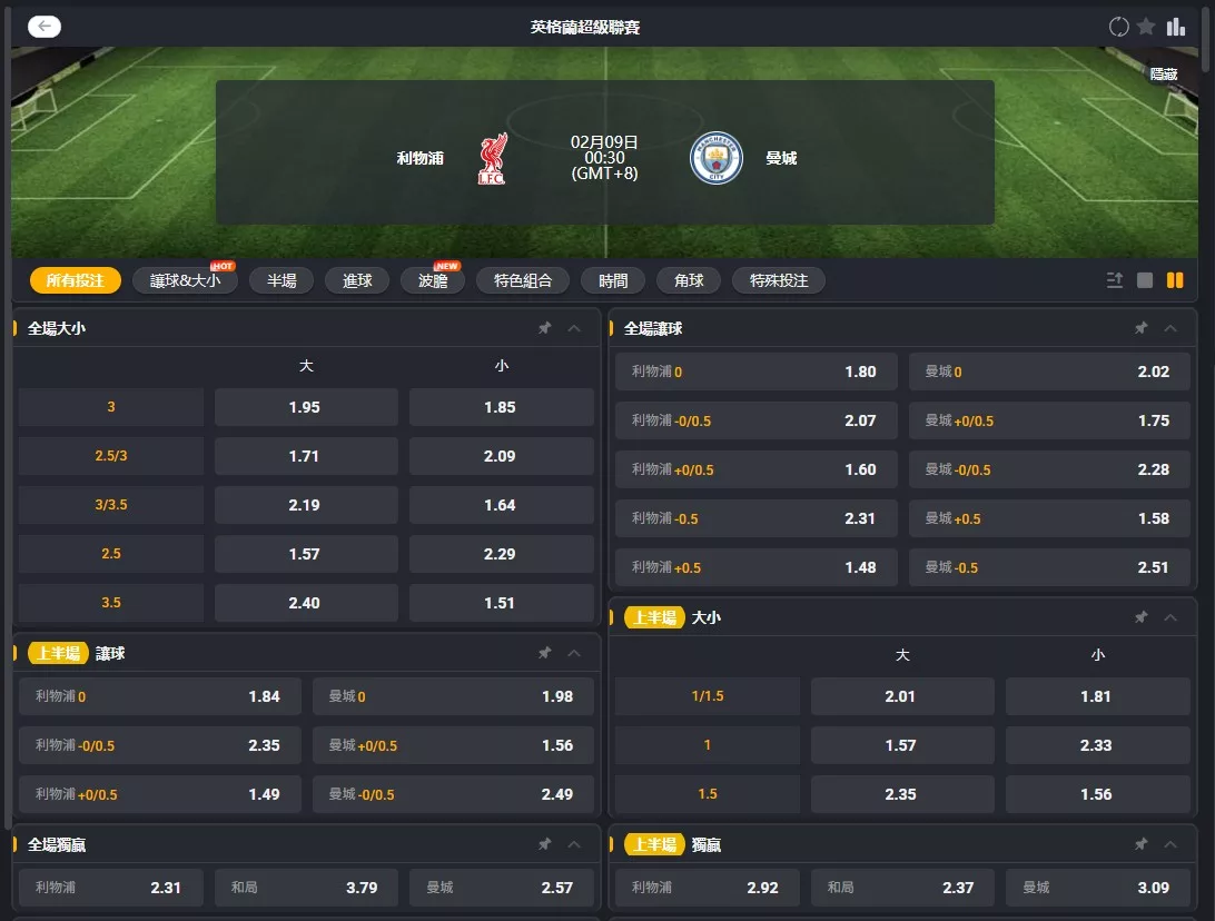 2026年02月 09日 英超 利物浦 vs 曼城 賠率