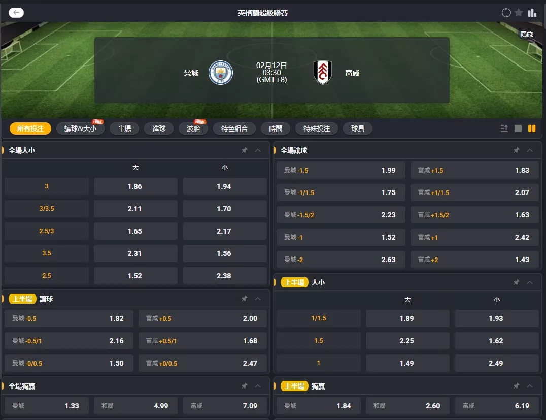 2026年02月 12日 英超 曼城 vs 富勒姆 賠率