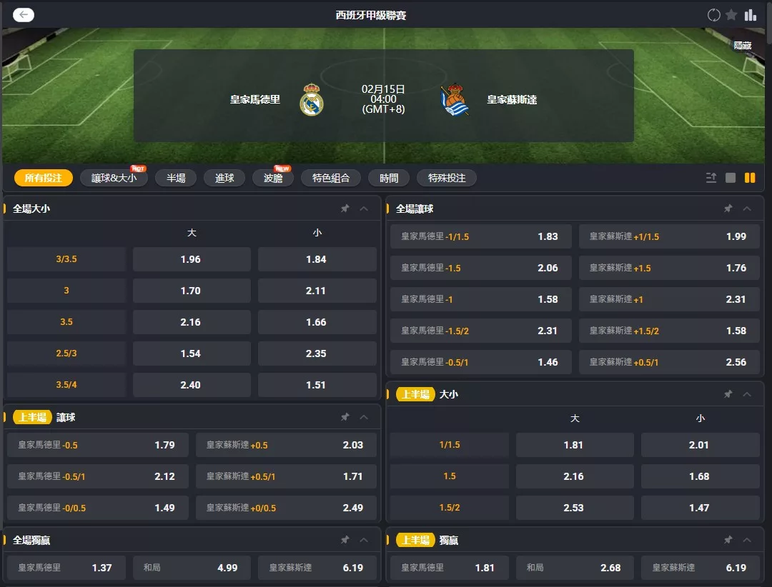 2026年02月 15日 西甲 皇家馬德里 vs 皇家社會 賠率