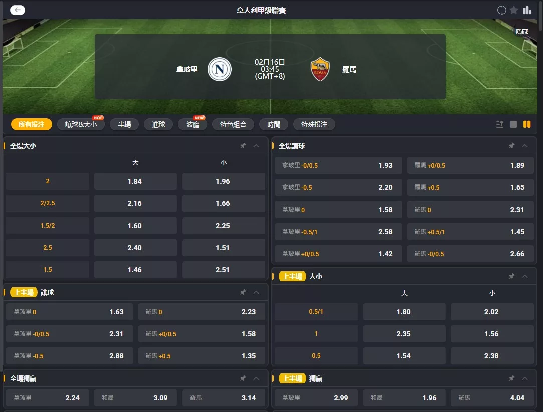 2026年02月 16日 義甲 拿坡里 vs 羅馬 賠率