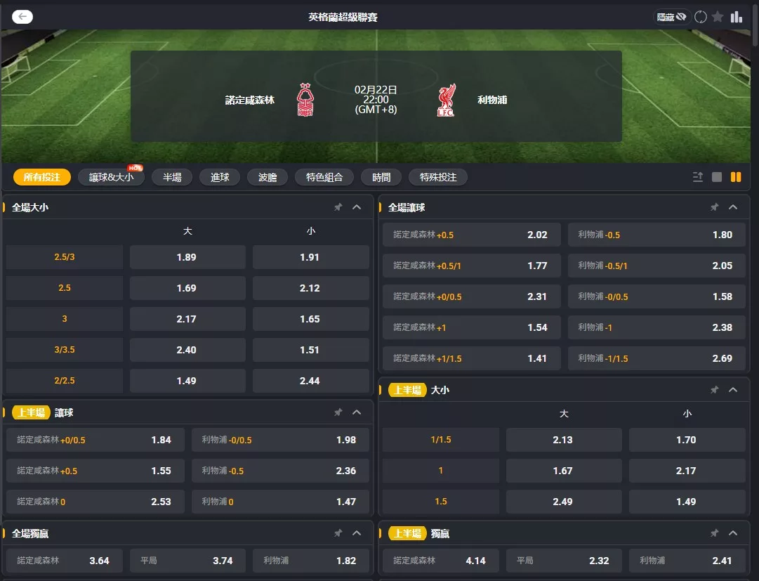 2026年02月 22日 英超 諾丁漢森林 vs 利物浦 賠率