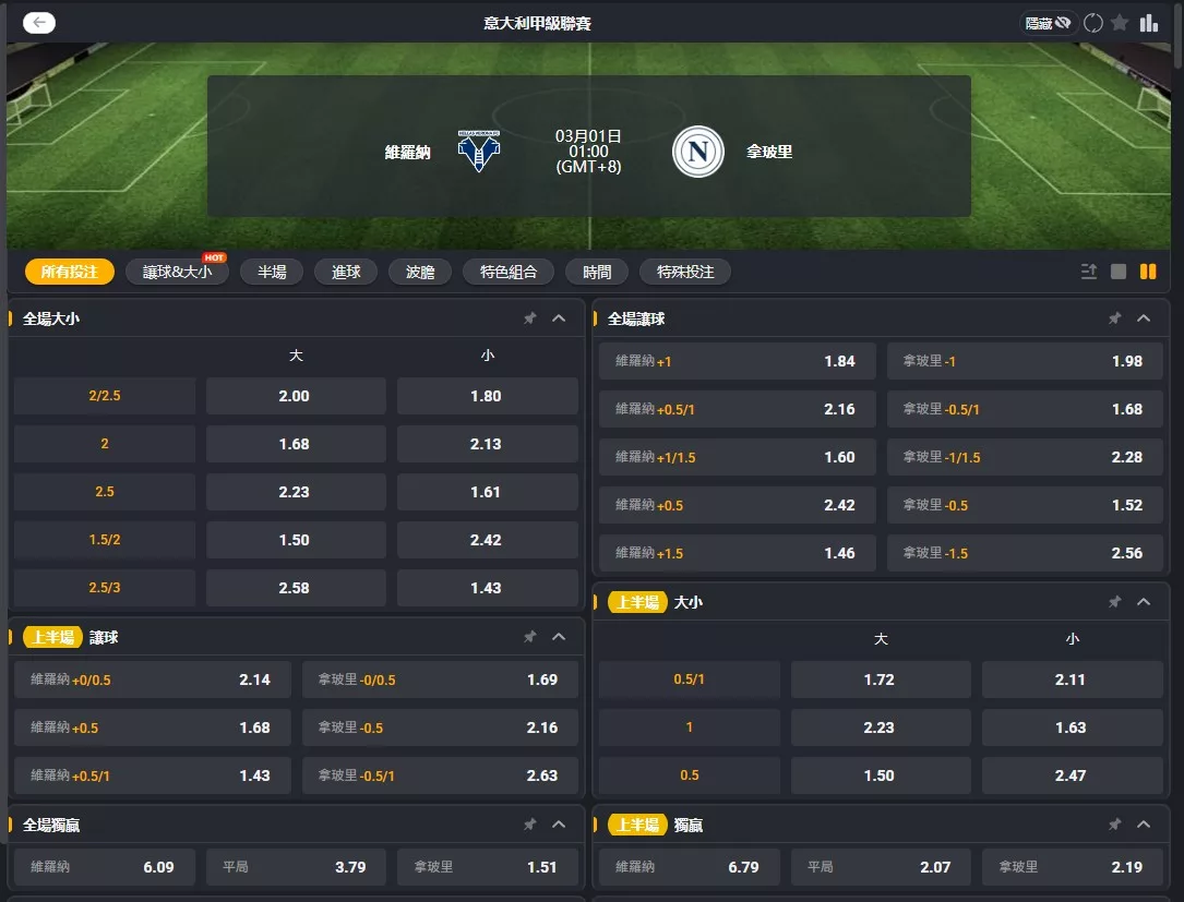 2026年03月 01日 義甲 維羅納 vs 拿坡里 賠率