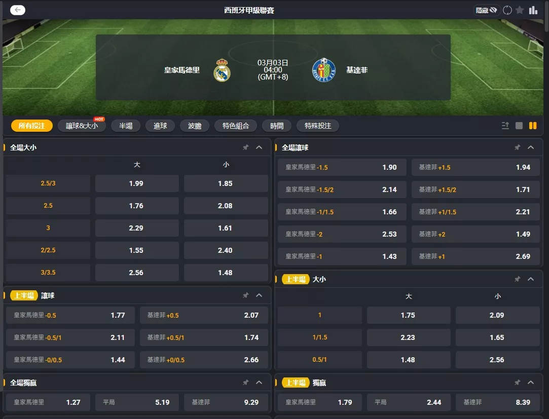 2026年03月 03日 西甲 皇家馬德里 vs 赫塔菲 賠率