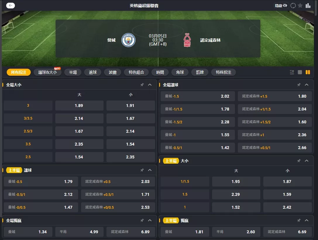 2026年03月 05日 英超 曼城 vs 諾丁漢森林 賠率