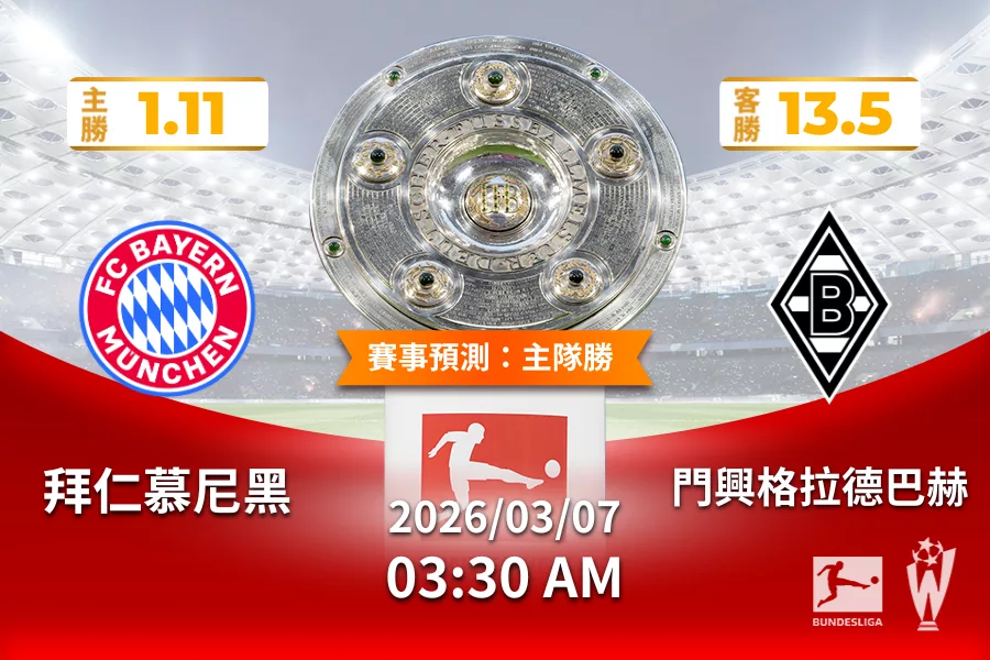 德甲 運彩分析與預測》拜仁慕尼黑 vs 門興格拉德巴赫 2026年03月07日 03:30