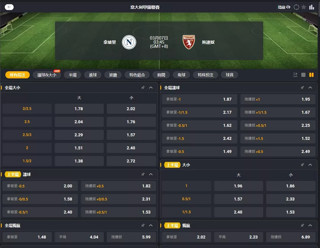 2026年03月 07日 義甲 拿坡里 vs 杜里諾 賠率