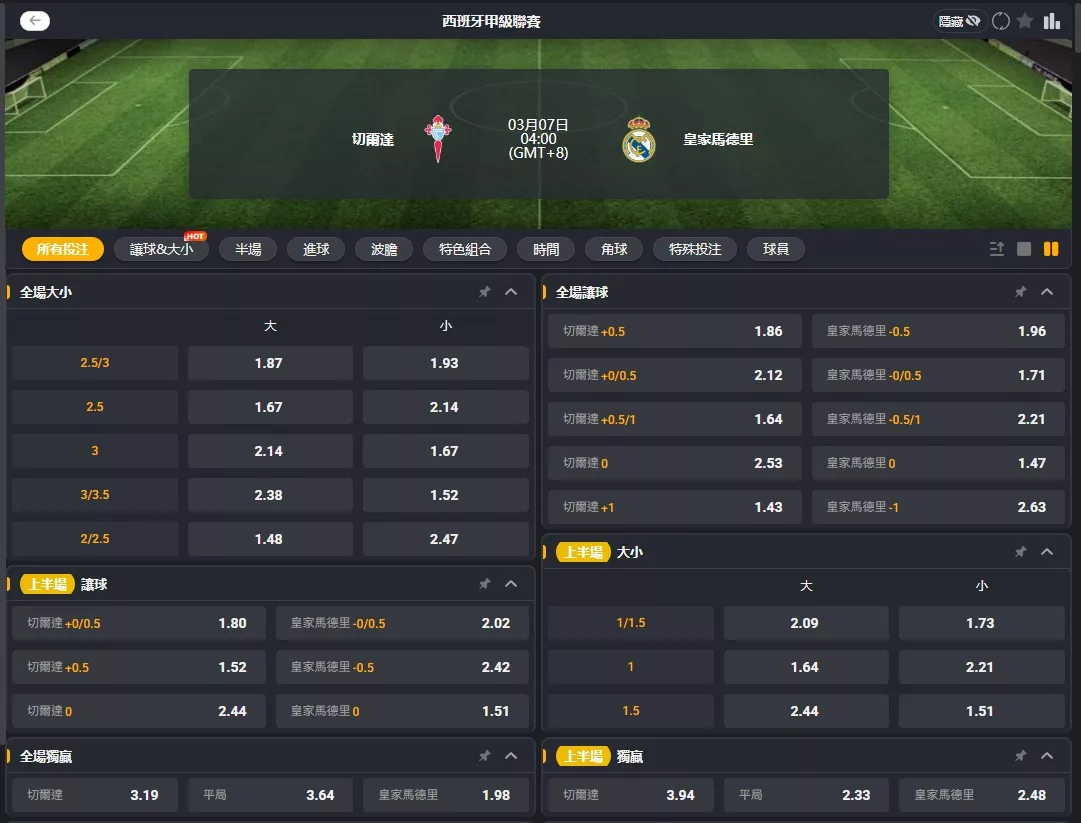 2026年03月 07日 西甲 維戈塞爾塔 vs 皇家馬德里 賠率
