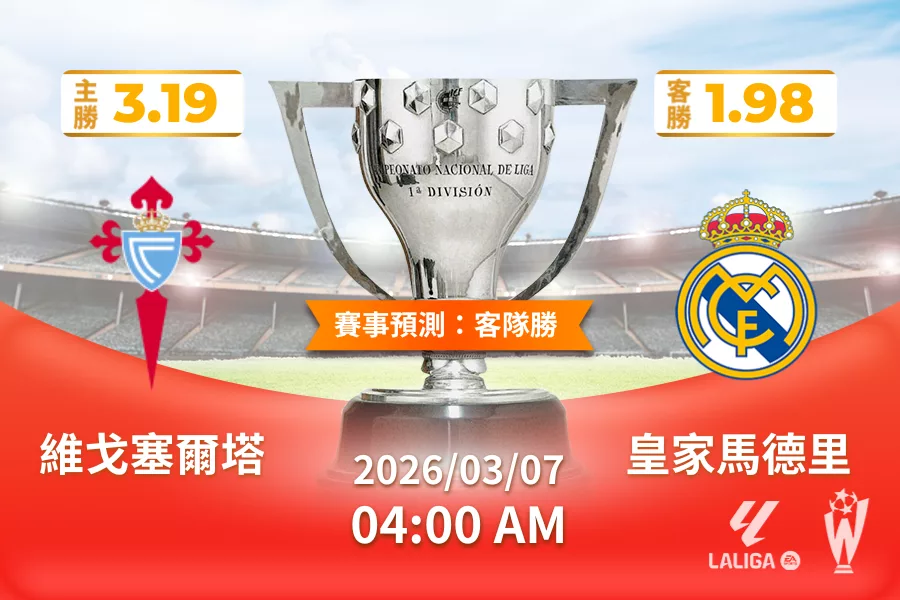 西甲 運彩分析與預測》維戈塞爾塔 vs 皇家馬德里 2026 年 03 月 07 日 04:00
