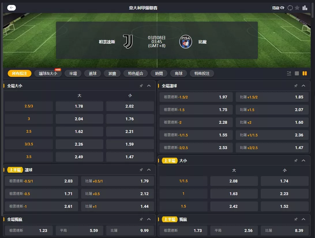 2026年03月 08日 義甲 尤文圖斯 vs 比薩 賠率