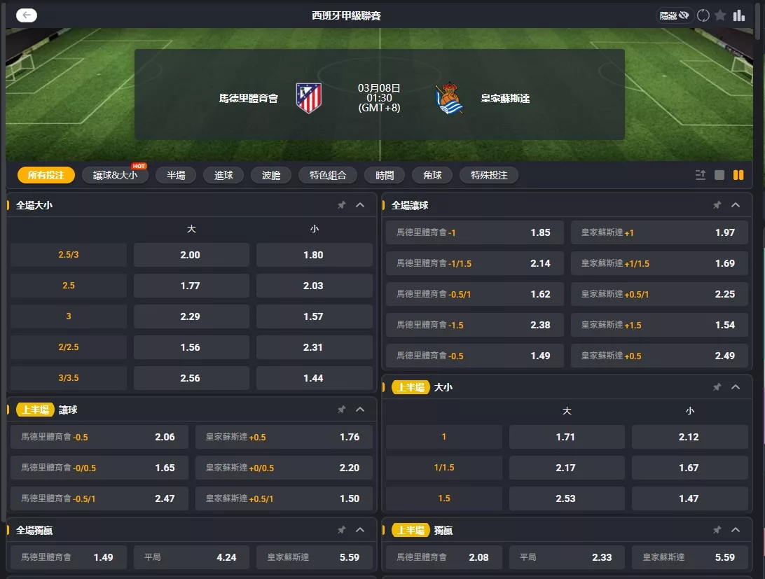 2026年03月 08日 西甲 馬德里競技 vs 皇家社會 賠率