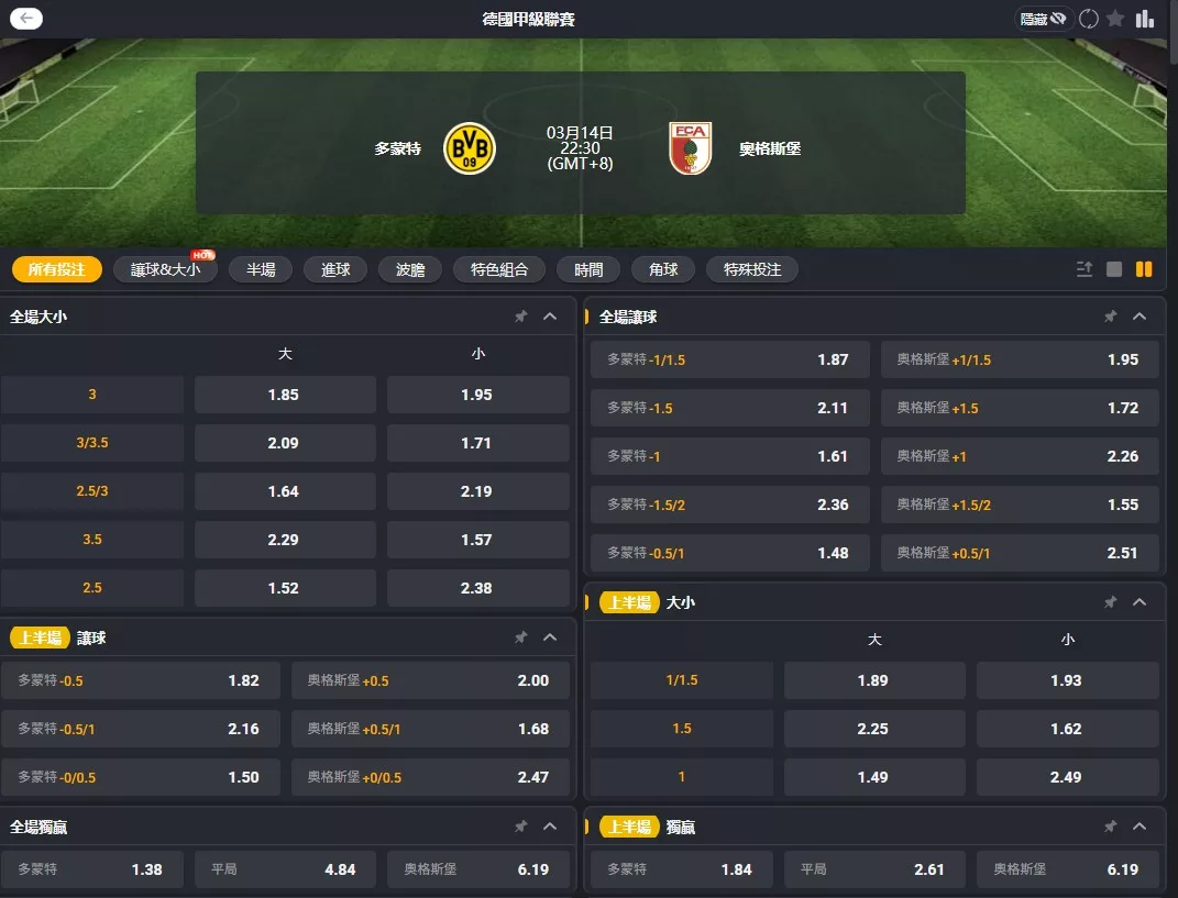 2026年03月 14日 德甲 多特蒙德 vs 奧格斯堡 賠率