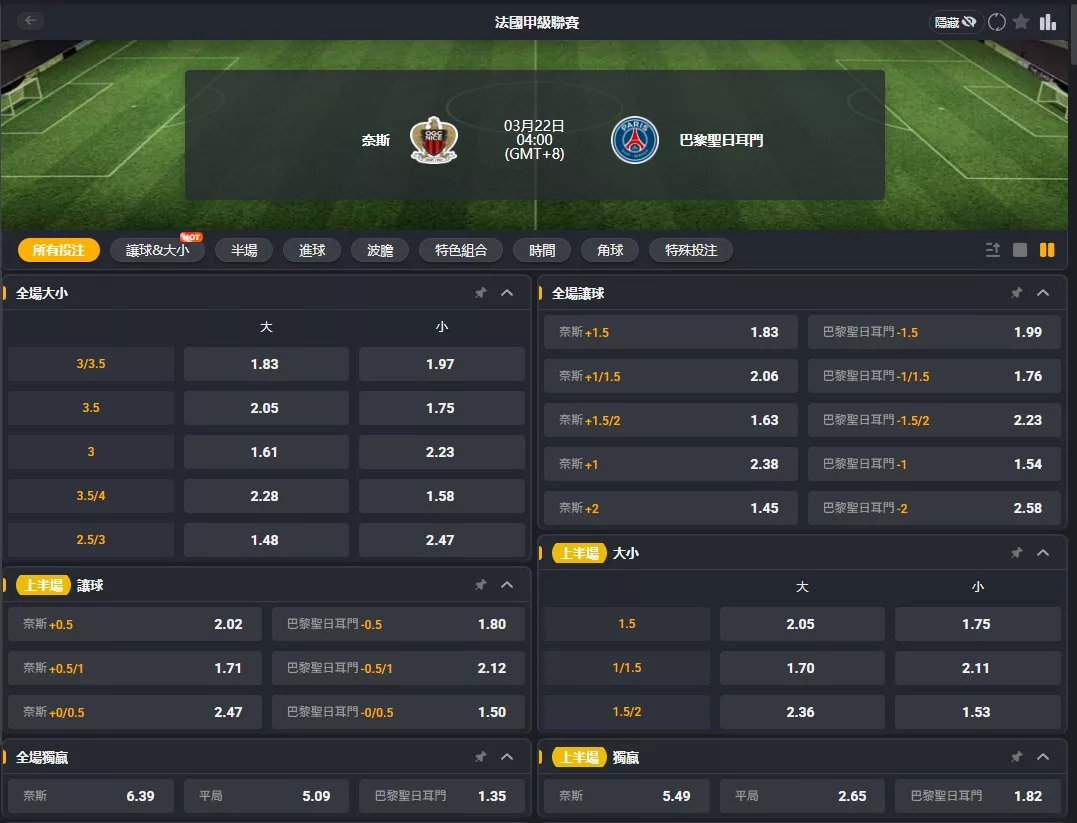 2026年03月 22日 法甲 尼斯 vs PSG 賠率